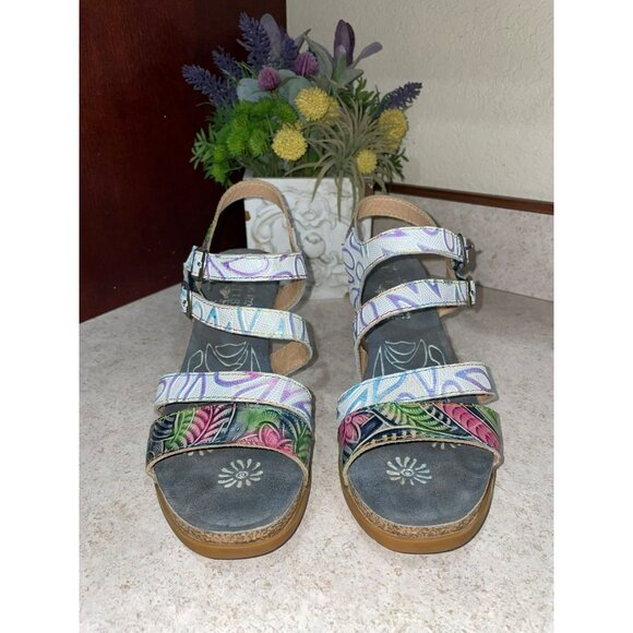 L’Artiste Bakiki Womens Genuine Leather Multicolor Strappy Sandals With Cork Sol - Picture 3 of 7